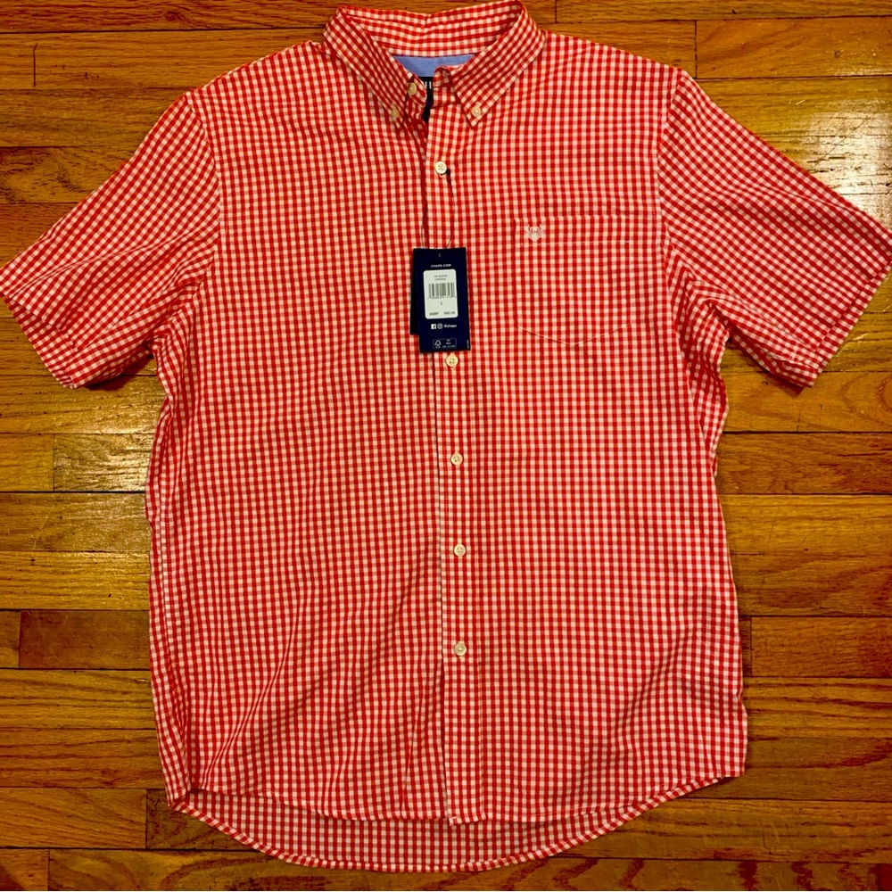 CHAPS Men's Short Sleeve Button Down Red Collar shirt EASY CARE COMFORT STRETCH